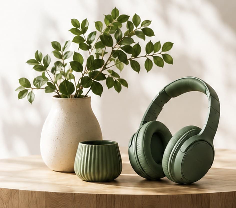 Green over-ear headphones beside a leafy plant and cup on a wood table
